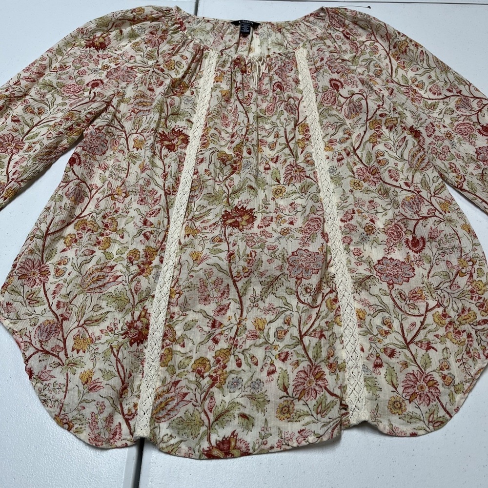 Chaps Top Womens 1X White Red Floral Gauzy Cotton Crochet Tie Neck Tunic‎ Boho - Picture 6 of 8